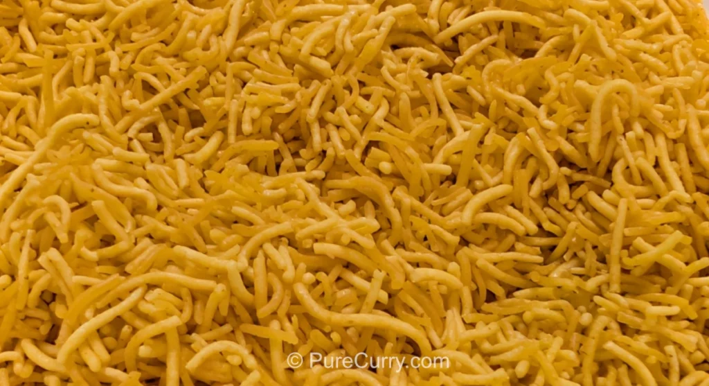 closeup of Crispy Gramflour Noodles (Sev)